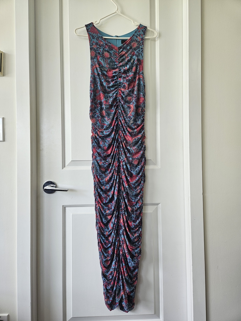 House of Harlow 1960 Teal and Pink Ruched Midi Dress